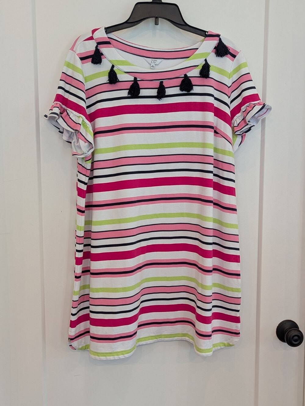 Crown & Ivy XL Short Dress Pink Navy Stripe Tassel Ruffles Colorful Beach Travel